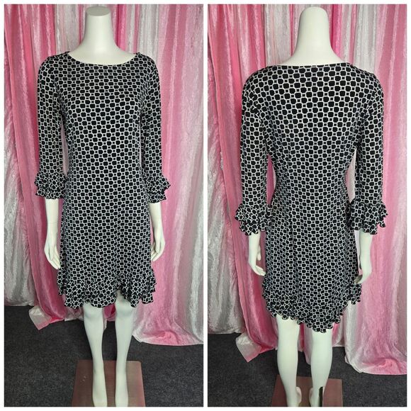MSK Black White Ruffle Geometric 3/4 Sleeve Dress Size Small - Picture 1 of 14